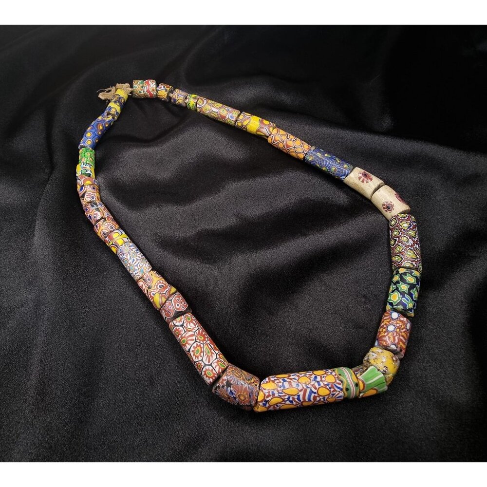 Antique Millefiori Glass Beaded Necklace With Vibrant Patterns & Colors